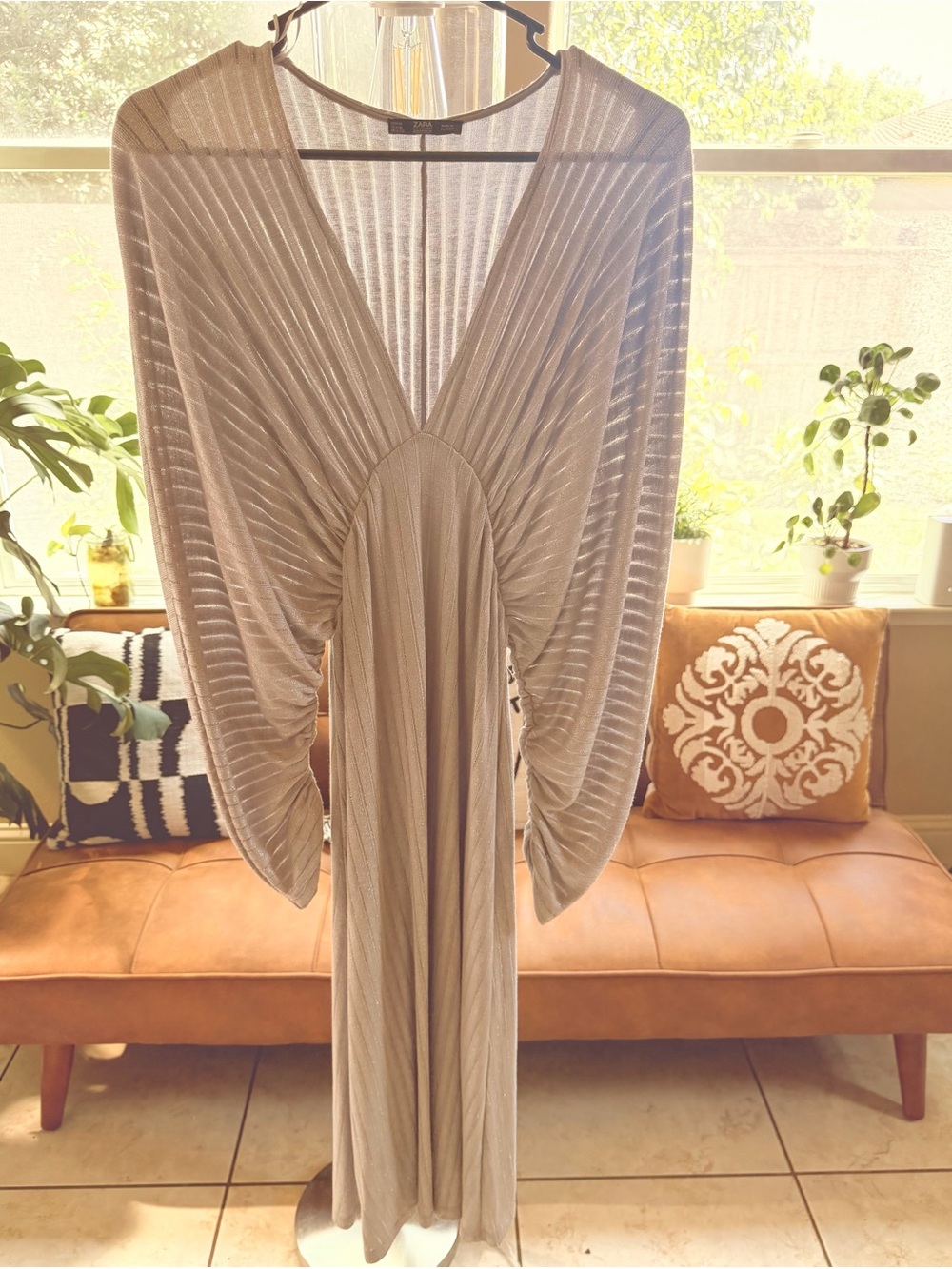 Zara Champagne Pleated V-Neck Maxi Dress